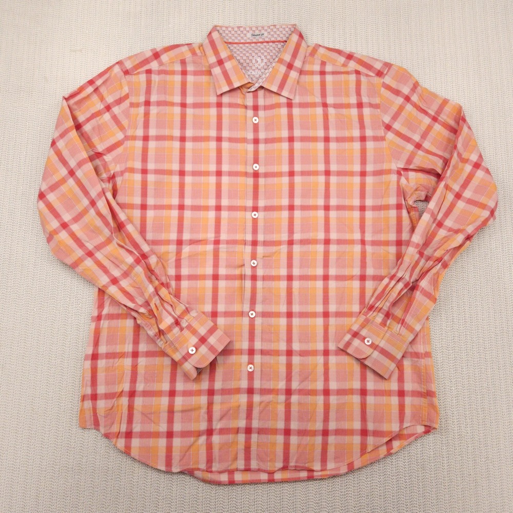 Bugatchi Uomo Shirt Mens Extra Large Pink Orange Plaid Button Up Down Shaped Fit